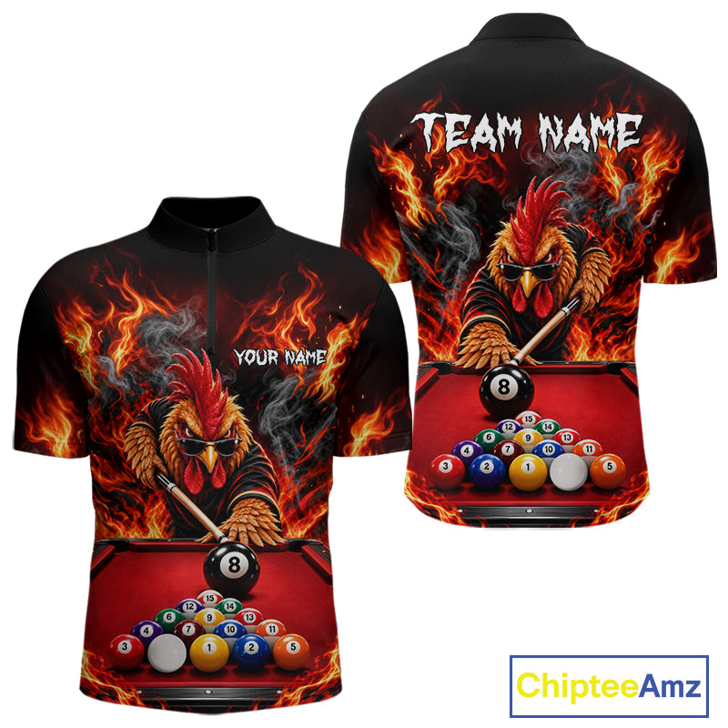 Custom Fire Rooster Billiard Polo 1/4-Zip Shirt For Men Personalized Cool Rooster Pool Team Jersey NYN4556