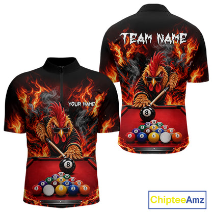 Custom Fire Rooster Billiard Polo 1/4-Zip Shirt For Men Personalized Cool Rooster Pool Team Jersey NYN4556