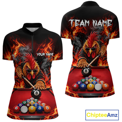 Custom Fire Rooster Billiard Polo 1/4-Zip Shirt For Women Personalized Cool Rooster Pool Team Jersey NYN4556