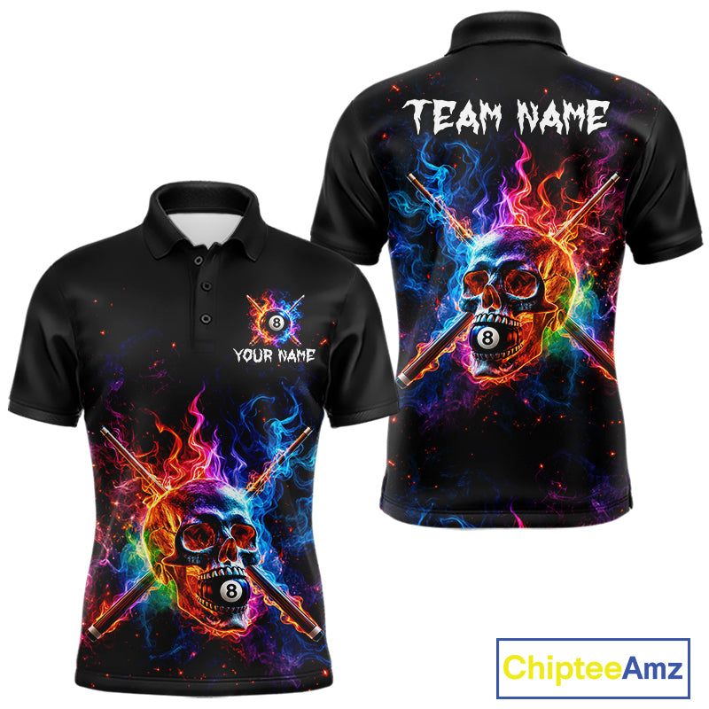 Custom Colorful Fire Flame Skull Billiard Shirt For Men Personalized Flaming 8-Ball Pool Team Jersey NYN4562