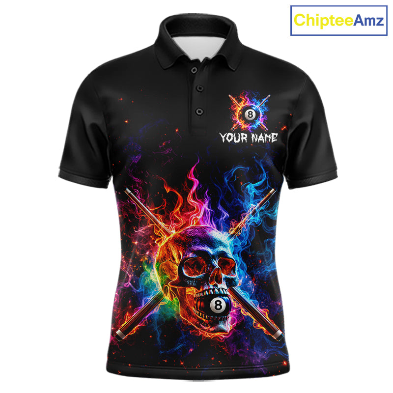Custom Colorful Fire Flame Skull Billiard Shirt For Men Personalized Flaming 8-Ball Pool Team Jersey NYN4562