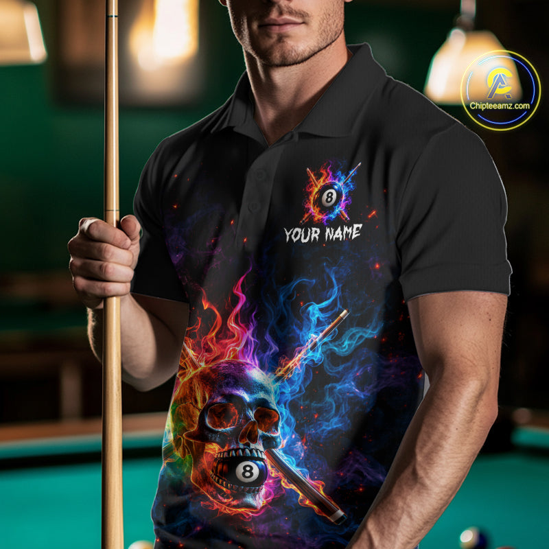 Custom Colorful Fire Flame Skull Billiard Shirt For Men Personalized Flaming 8-Ball Pool Team Jersey NYN4562