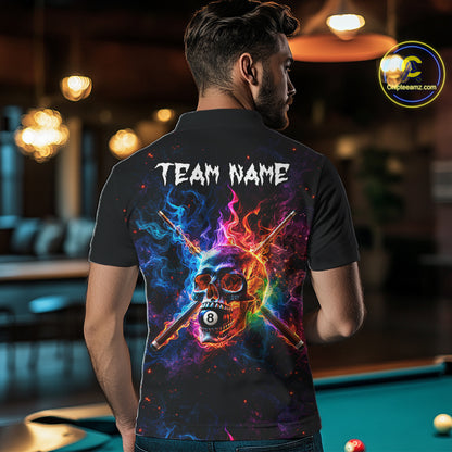 Custom Colorful Fire Flame Skull Billiard Shirt For Men Personalized Flaming 8-Ball Pool Team Jersey NYN4562