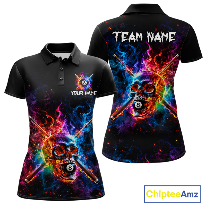 Custom Colorful Fire Flame Skull Billiard Shirt For Women Personalized Flaming 8-Ball Pool Team Jersey NYN4562