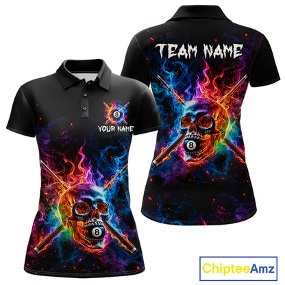Custom Colorful Fire Flame Skull Billiard Shirt For Women Personalized Flaming 8-Ball Pool Team Jersey NYN4562