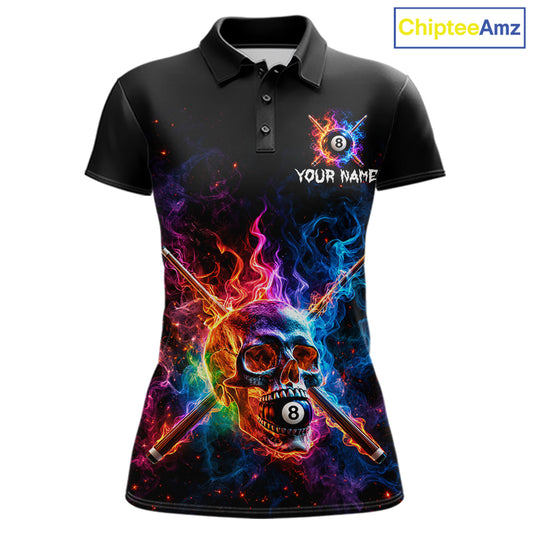Custom Colorful Fire Flame Skull Billiard Shirt For Women Personalized Flaming 8-Ball Pool Team Jersey NYN4562
