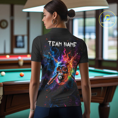 Custom Colorful Fire Flame Skull Billiard Shirt For Women Personalized Flaming 8-Ball Pool Team Jersey NYN4562