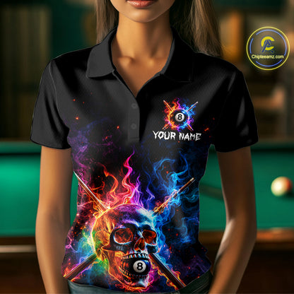 Custom Colorful Fire Flame Skull Billiard Shirt For Women Personalized Flaming 8-Ball Pool Team Jersey NYN4562