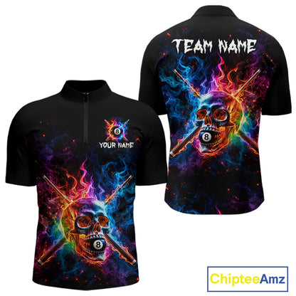 Custom Colorful Fire Flame Skull Billiard Shirt For Men Personalized Flaming 8-Ball Pool Team Jersey NYN4562