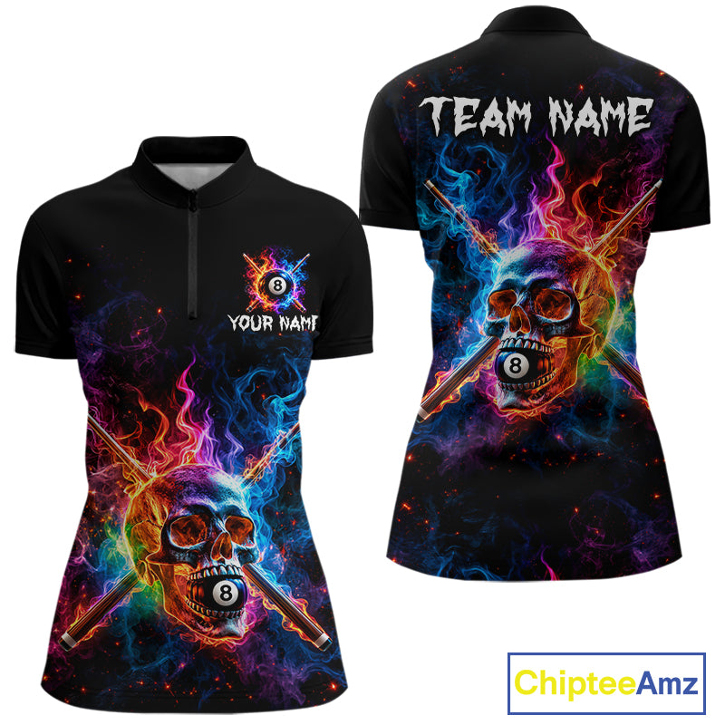 Custom Colorful Fire Flame Skull Billiard Shirt For Women Personalized Flaming 8-Ball Pool Team Jersey NYN4562