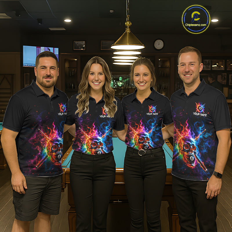 Custom Colorful Fire Flame Skull Billiard Shirt For Men Personalized Flaming 8-Ball Pool Team Jersey NYN4562
