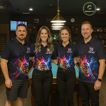 Custom Colorful Fire Flame Skull Billiard Shirt For Men Personalized Flaming 8-Ball Pool Team Jersey NYN4562