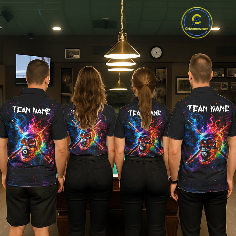 Custom Colorful Fire Flame Skull Billiard Shirt For Men Personalized Flaming 8-Ball Pool Team Jersey NYN4562