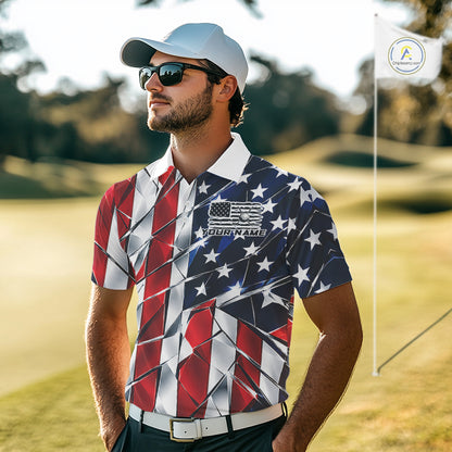 Broken Glass American Flag Golf Polo Shirt For Men Custom Patriotic Golf Top Golf Tournament Shirt NYN4926