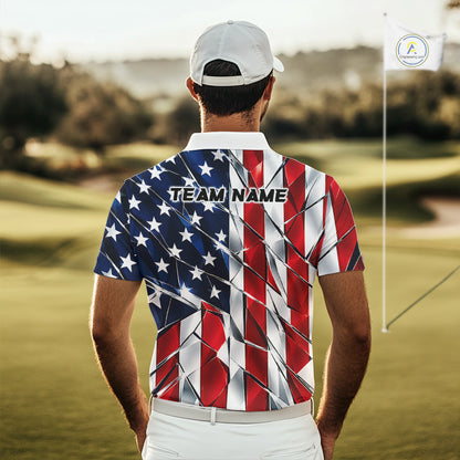 Broken Glass American Flag Golf Polo Shirt For Men Custom Patriotic Golf Top Golf Tournament Shirt NYN4926