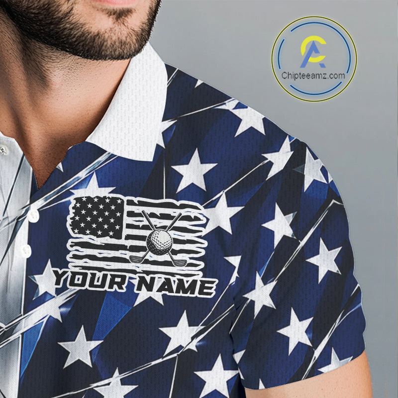 Broken Glass American Flag Golf Polo Shirt For Men Custom Patriotic Golf Top Golf Tournament Shirt NYN4926