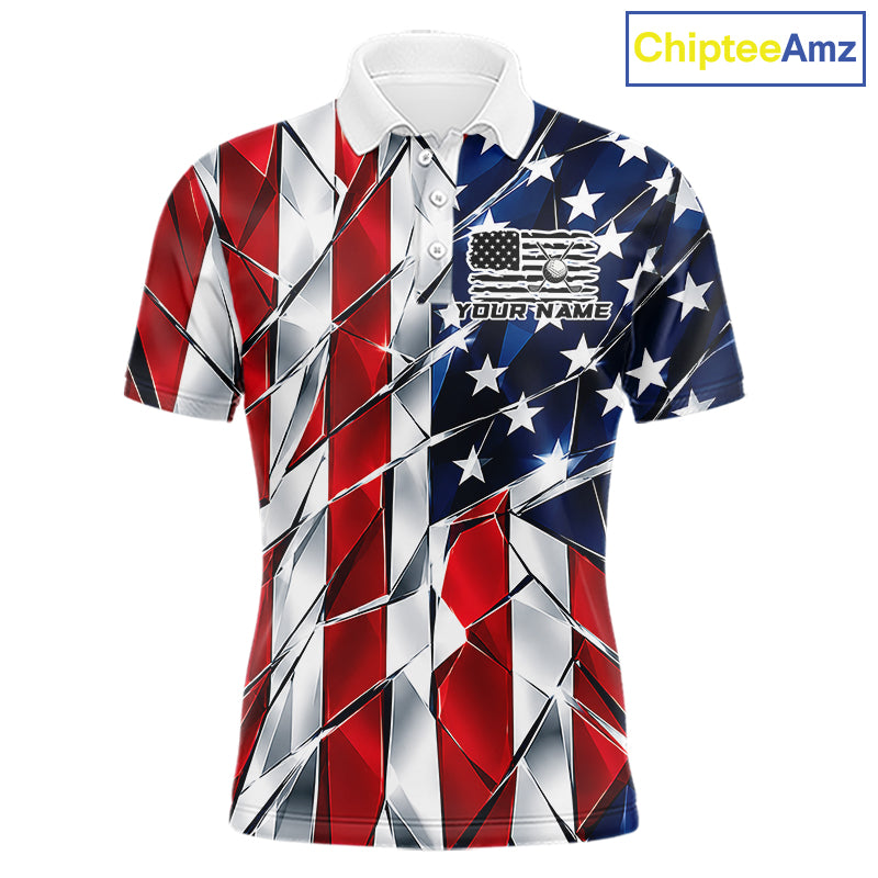 Broken Glass American Flag Golf Polo Shirt For Men Custom Patriotic Golf Top Golf Tournament Shirt NYN4926