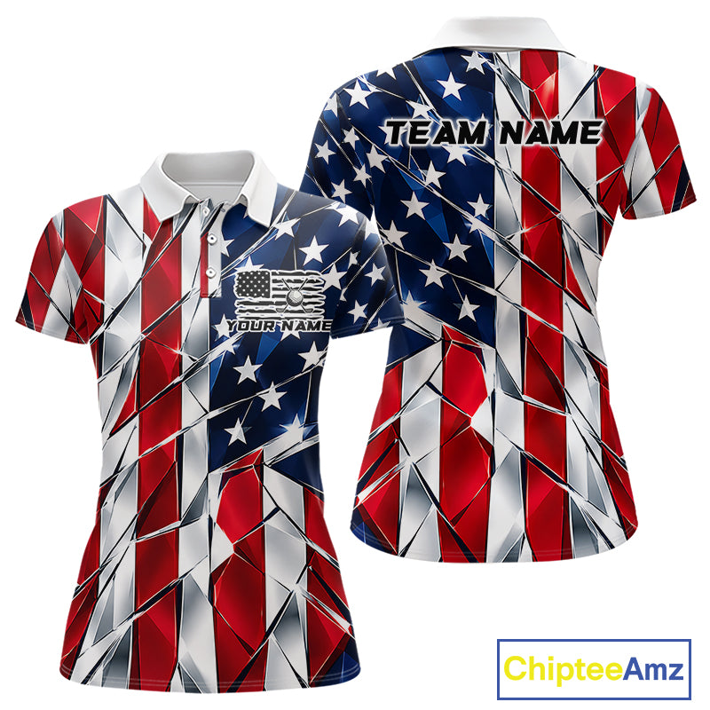 Broken Glass American Flag Golf Polo Shirt For Women Custom Patriotic Golf Top Golf Tournament Shirt NYN4926