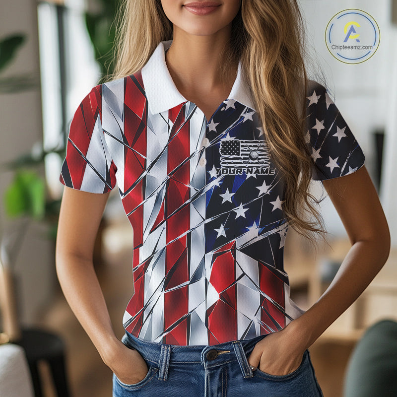 Broken Glass American Flag Golf Polo Shirt For Women Custom Patriotic Golf Top Golf Tournament Shirt NYN4926