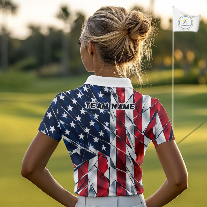 Broken Glass American Flag Golf Polo Shirt For Women Custom Patriotic Golf Top Golf Tournament Shirt NYN4926