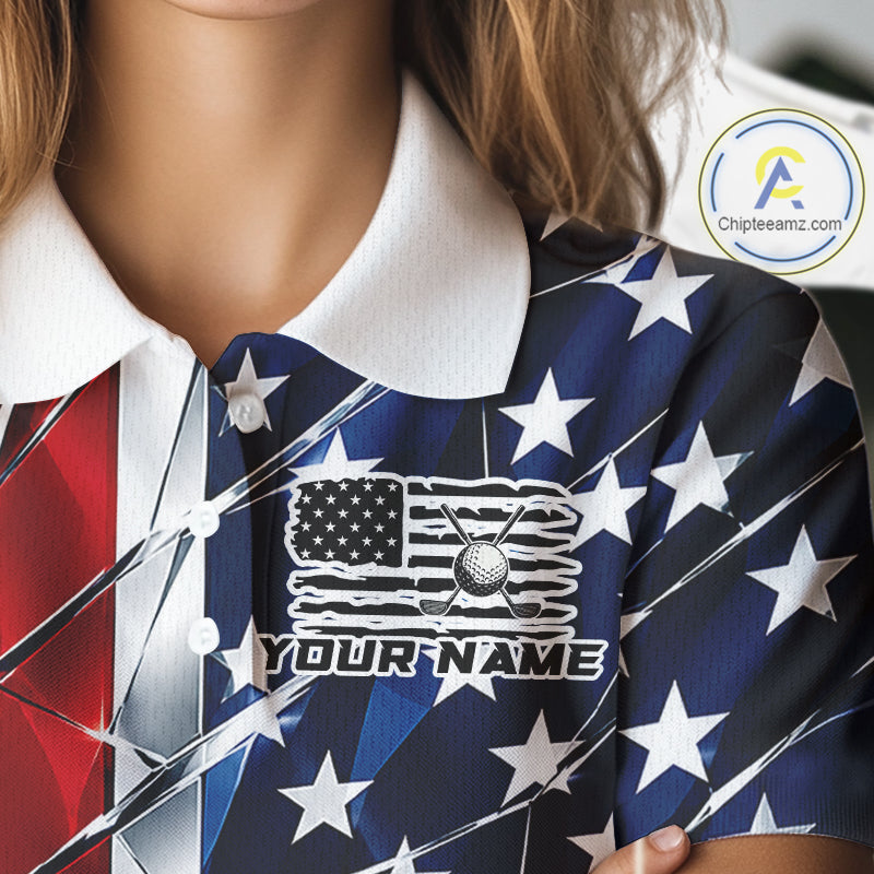 Broken Glass American Flag Golf Polo Shirt For Women Custom Patriotic Golf Top Golf Tournament Shirt NYN4926