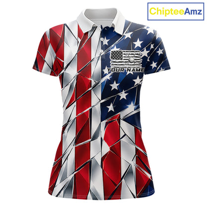 Broken Glass American Flag Golf Polo Shirt For Women Custom Patriotic Golf Top Golf Tournament Shirt NYN4926