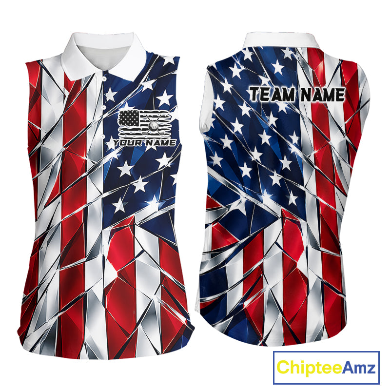 Broken Glass American Flag Golf Sleeveless Polo Shirt For Women Custom Patriotic Golf Top Golf Tournament Shirt NYN4926