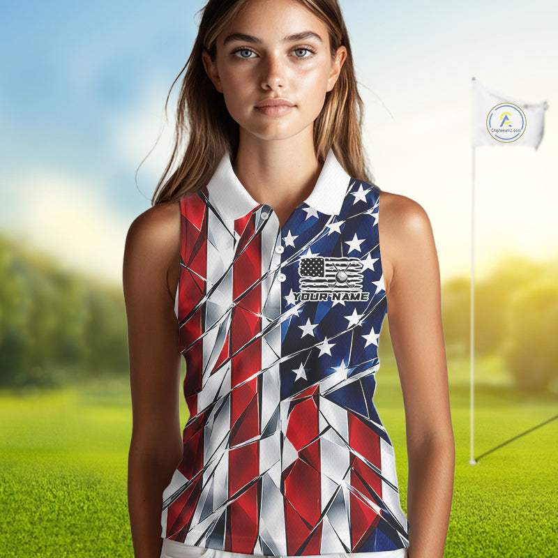 Broken Glass American Flag Golf Sleeveless Polo Shirt For Women Custom Patriotic Golf Top Golf Tournament Shirt NYN4926