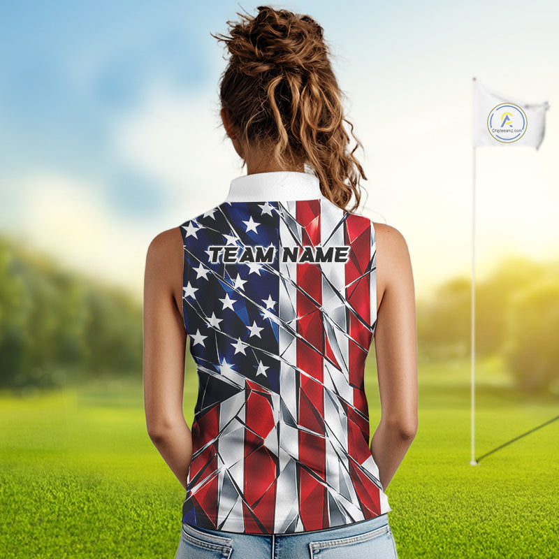 Broken Glass American Flag Golf Sleeveless Polo Shirt For Women Custom Patriotic Golf Top Golf Tournament Shirt NYN4926