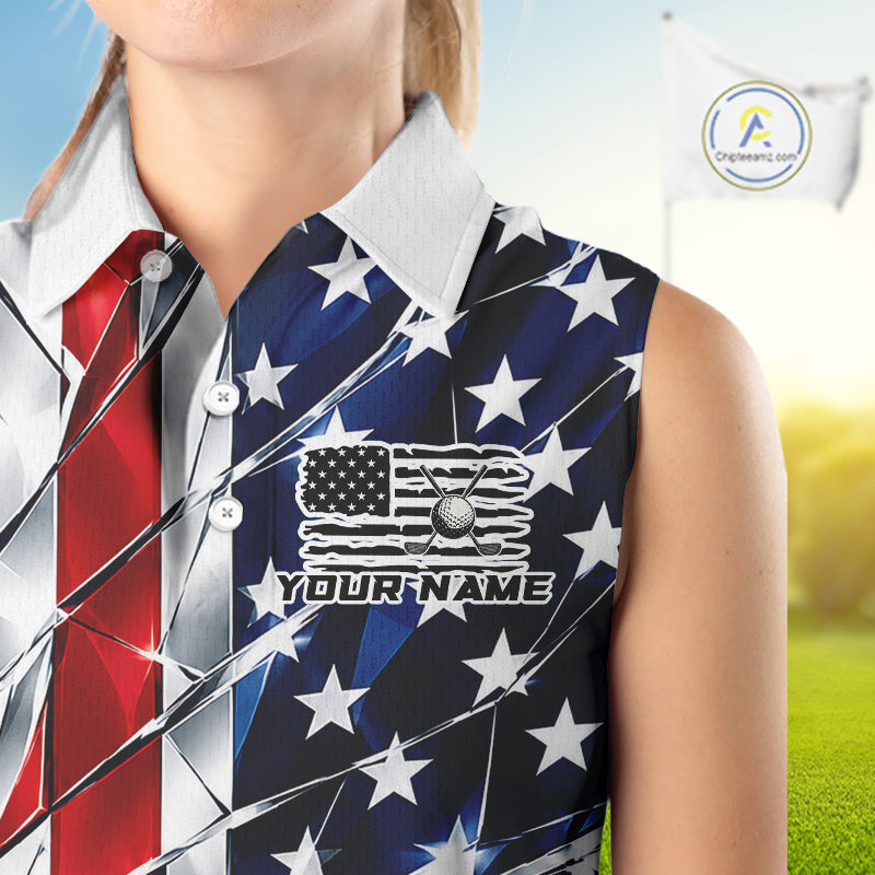 Broken Glass American Flag Golf Sleeveless Polo Shirt For Women Custom Patriotic Golf Top Golf Tournament Shirt NYN4926