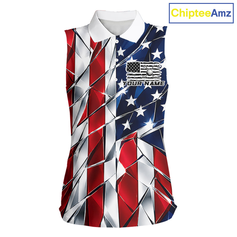 Broken Glass American Flag Golf Sleeveless Polo Shirt For Women Custom Patriotic Golf Top Golf Tournament Shirt NYN4926