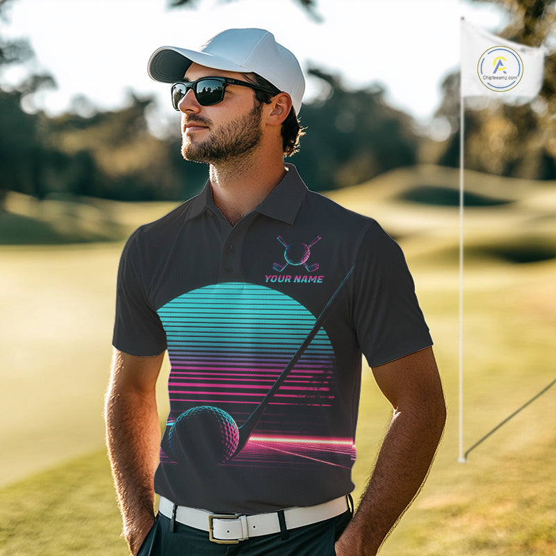 Personalized Cyberpunk Neon Men Golf Polo Shirt Custom Retro 80S Sunset Golfer Team Apparel NYN4928