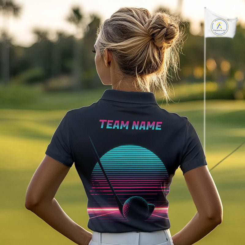 Personalized Cyberpunk Neon Women Golf Polo Shirt Custom Retro 80S Sunset Golfer Team Apparel NYN4928