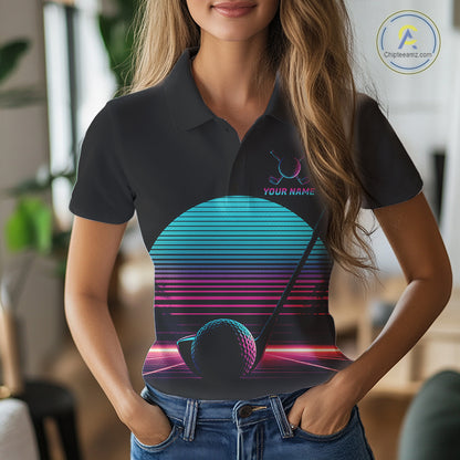 Personalized Cyberpunk Neon Women Golf Polo Shirt Custom Retro 80S Sunset Golfer Team Apparel NYN4928