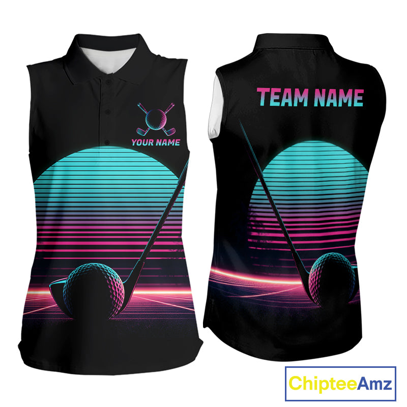 Personalized Cyberpunk Neon Women Golf Sleeveless Polo Shirt Custom Retro 80S Sunset Golfer Team Apparel NYN4928