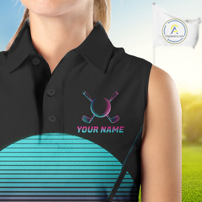Personalized Cyberpunk Neon Women Golf Sleeveless Polo Shirt Custom Retro 80S Sunset Golfer Team Apparel NYN4928