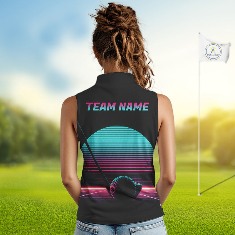 Personalized Cyberpunk Neon Women Golf Sleeveless Polo Shirt Custom Retro 80S Sunset Golfer Team Apparel NYN4928