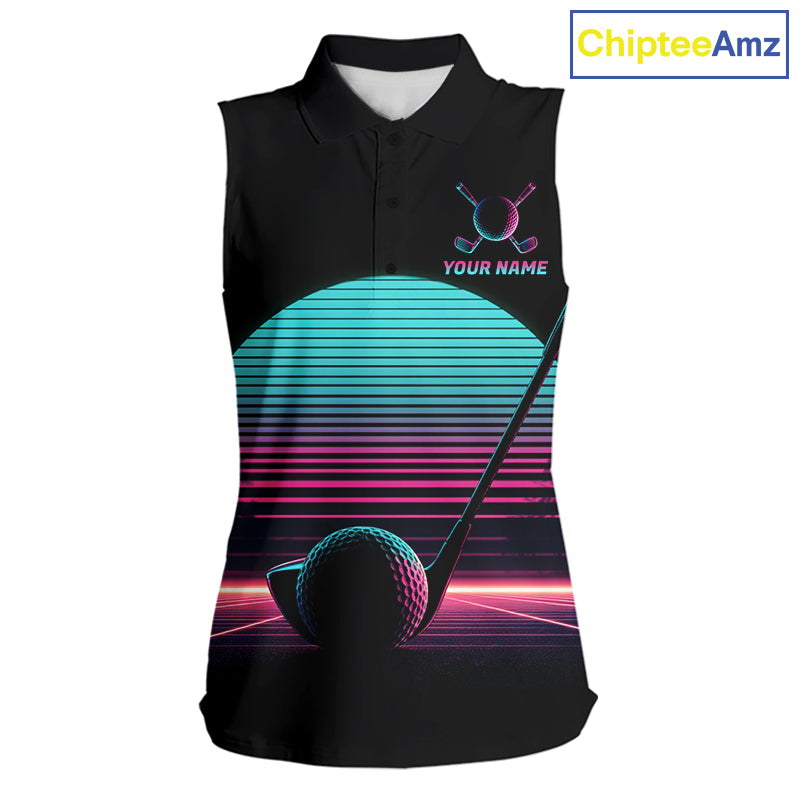 Personalized Cyberpunk Neon Women Golf Sleeveless Polo Shirt Custom Retro 80S Sunset Golfer Team Apparel NYN4928