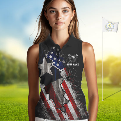 Texas Flag Grunge Golf Sleeveless Polo Shirt For Women Custom US Flag Patriotic Golf Tournament Shirts NYN4931