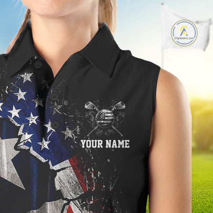 Texas Flag Grunge Golf Sleeveless Polo Shirt For Women Custom US Flag Patriotic Golf Tournament Shirts NYN4931