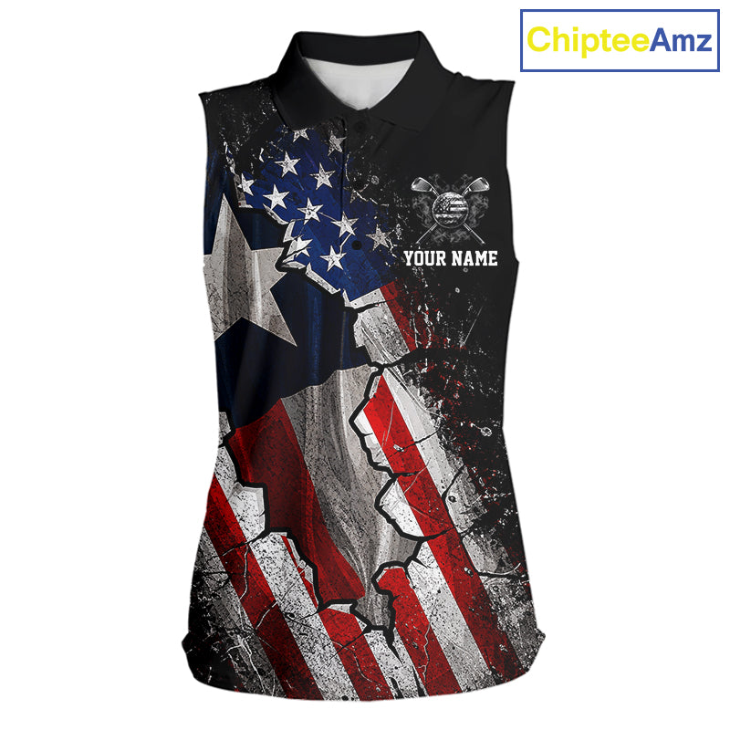 Texas Flag Grunge Golf Sleeveless Polo Shirt For Women Custom US Flag Patriotic Golf Tournament Shirts NYN4931