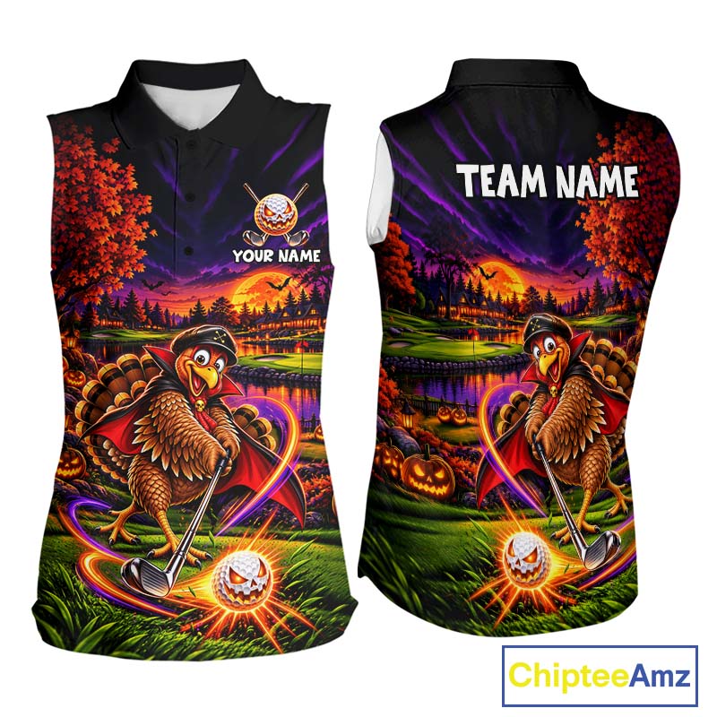 Custom Funny Turkey Golf Sleeveless Polo Shirt For Women Golf Courses Thanksgiving Golf Team Golf Jersey NYN4935