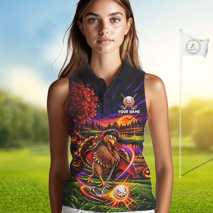 Custom Funny Turkey Golf Sleeveless Polo Shirt For Women Golf Courses Thanksgiving Golf Team Golf Jersey NYN4935