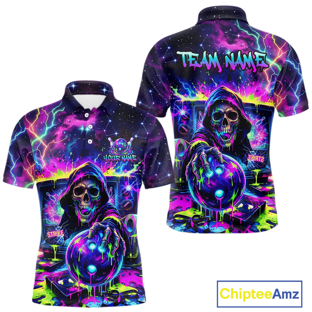 Thunder Skull men's bowling polo shirt, custom dripping bowling team jersey, personalized bowling apparel