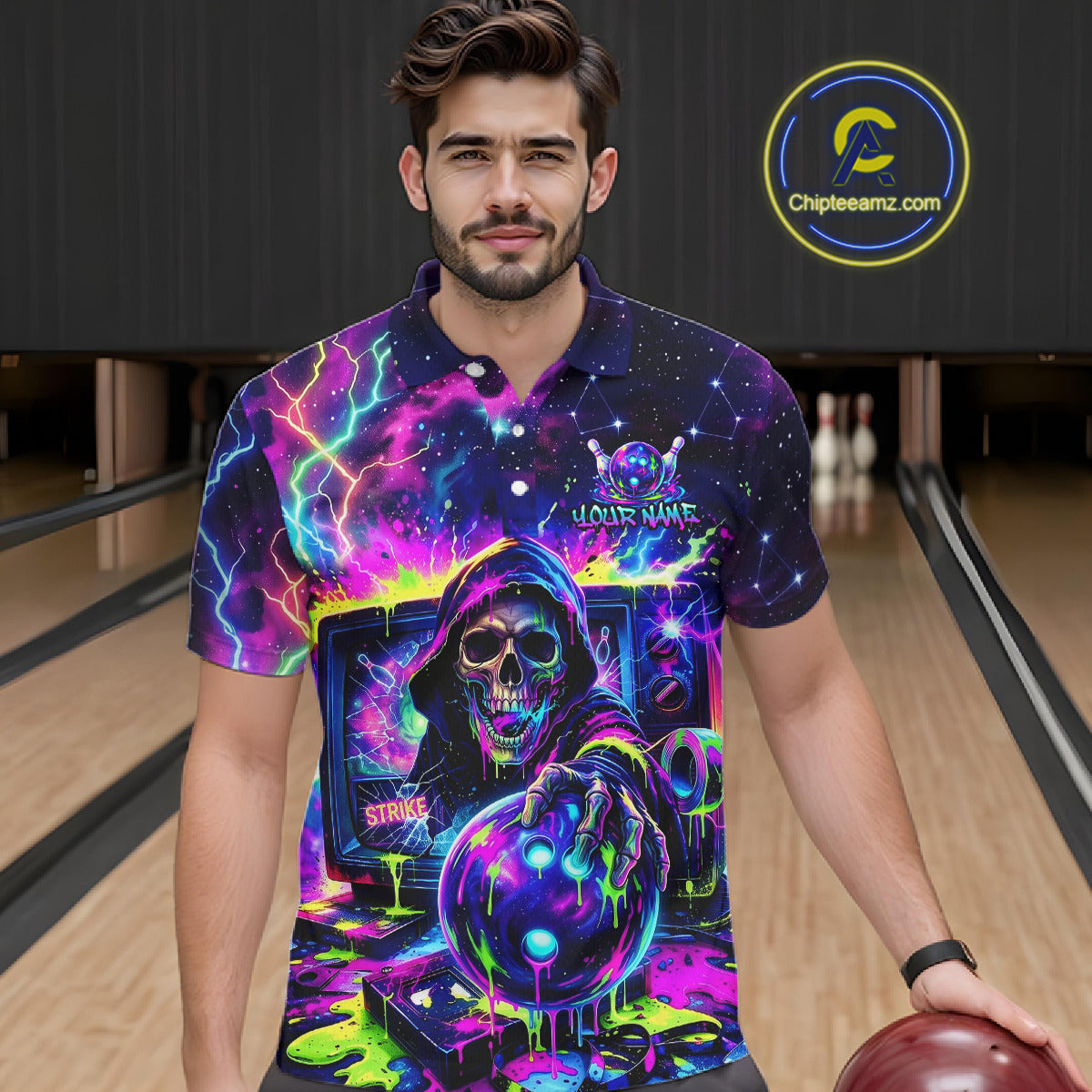 Male bowler wearing Thunder Skull bowling jersey, custom men's bowling shirt