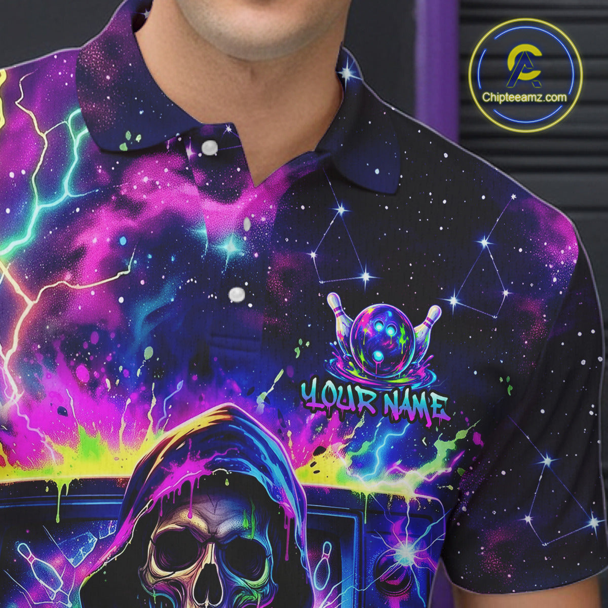 Male bowler wearing Thunder Skull bowling jersey, custom men's bowling shirt