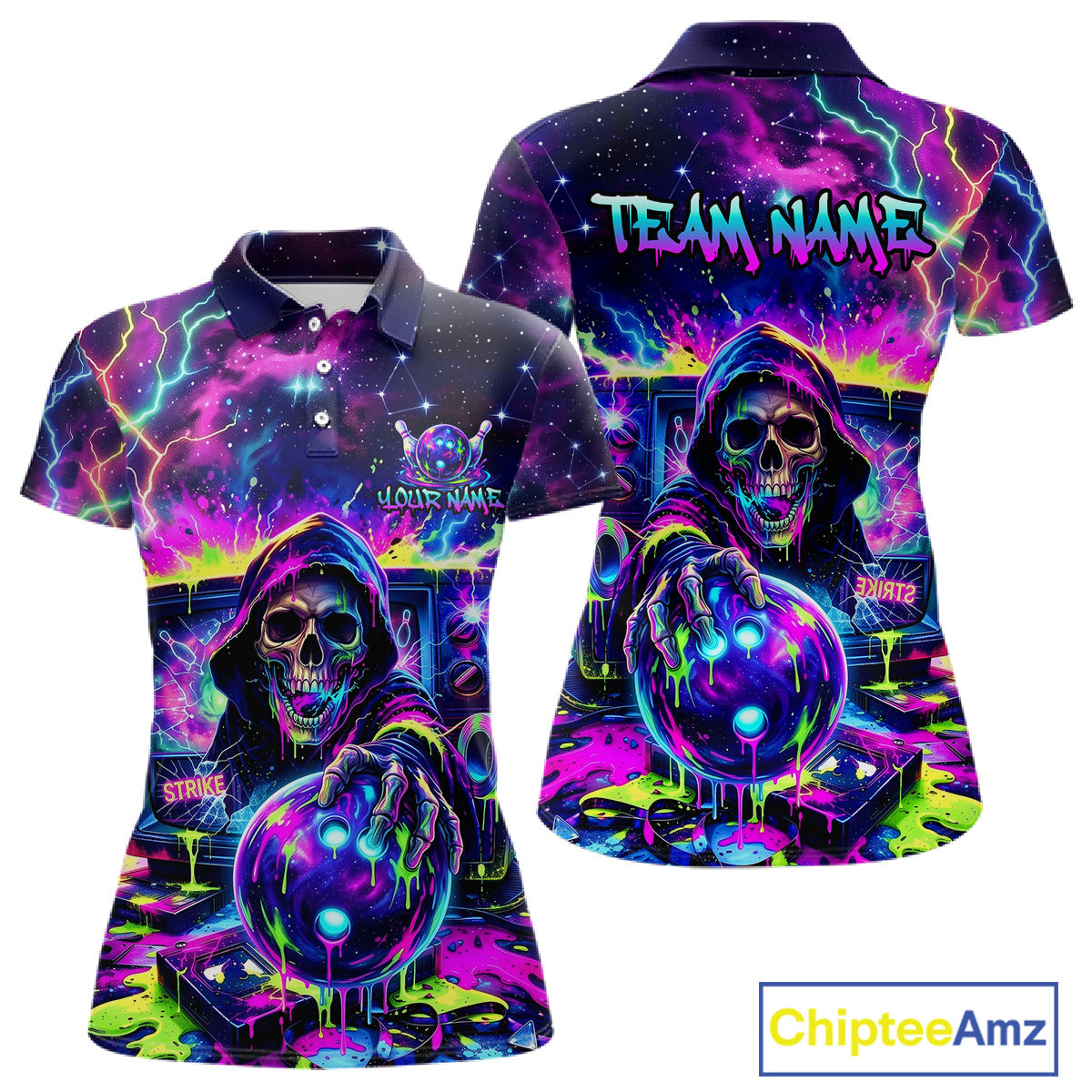 Thunder Skull women's bowling polo shirt, custom dripping bowling team jersey, personalized bowling apparel