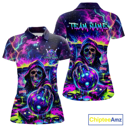 Thunder Skull women's bowling polo shirt, custom dripping bowling team jersey, personalized bowling apparel