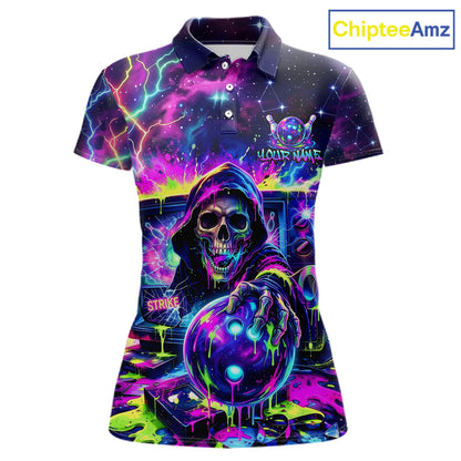 Thunder Skull women's bowling polo shirt, custom dripping bowling team jersey, personalized bowling apparel