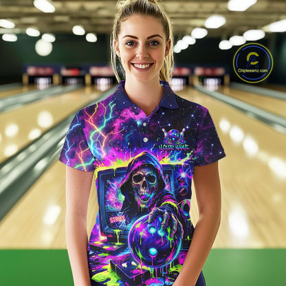 Female bowler wearing Thunder Skull bowling jersey, custom women's bowling shirt